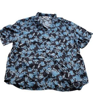 UNIQLO Shirt Women's XL Black Blue Floral Linen Blend Short-Sleeve Button Up